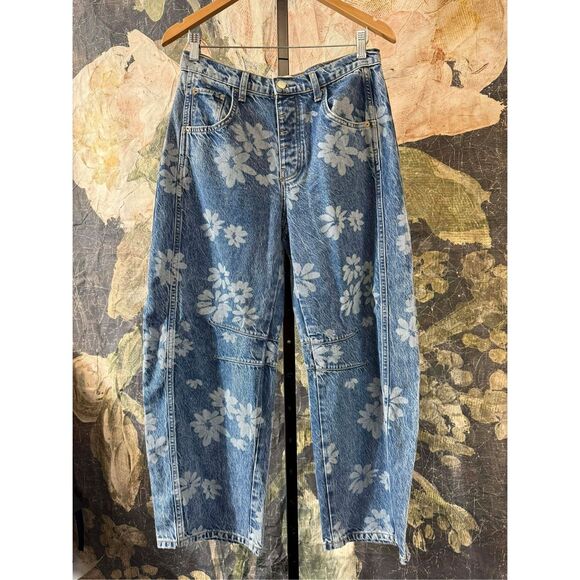 New Free People We The Free Good Luck Printed Barrel Jeans sz  26 - Picture 6 of 11